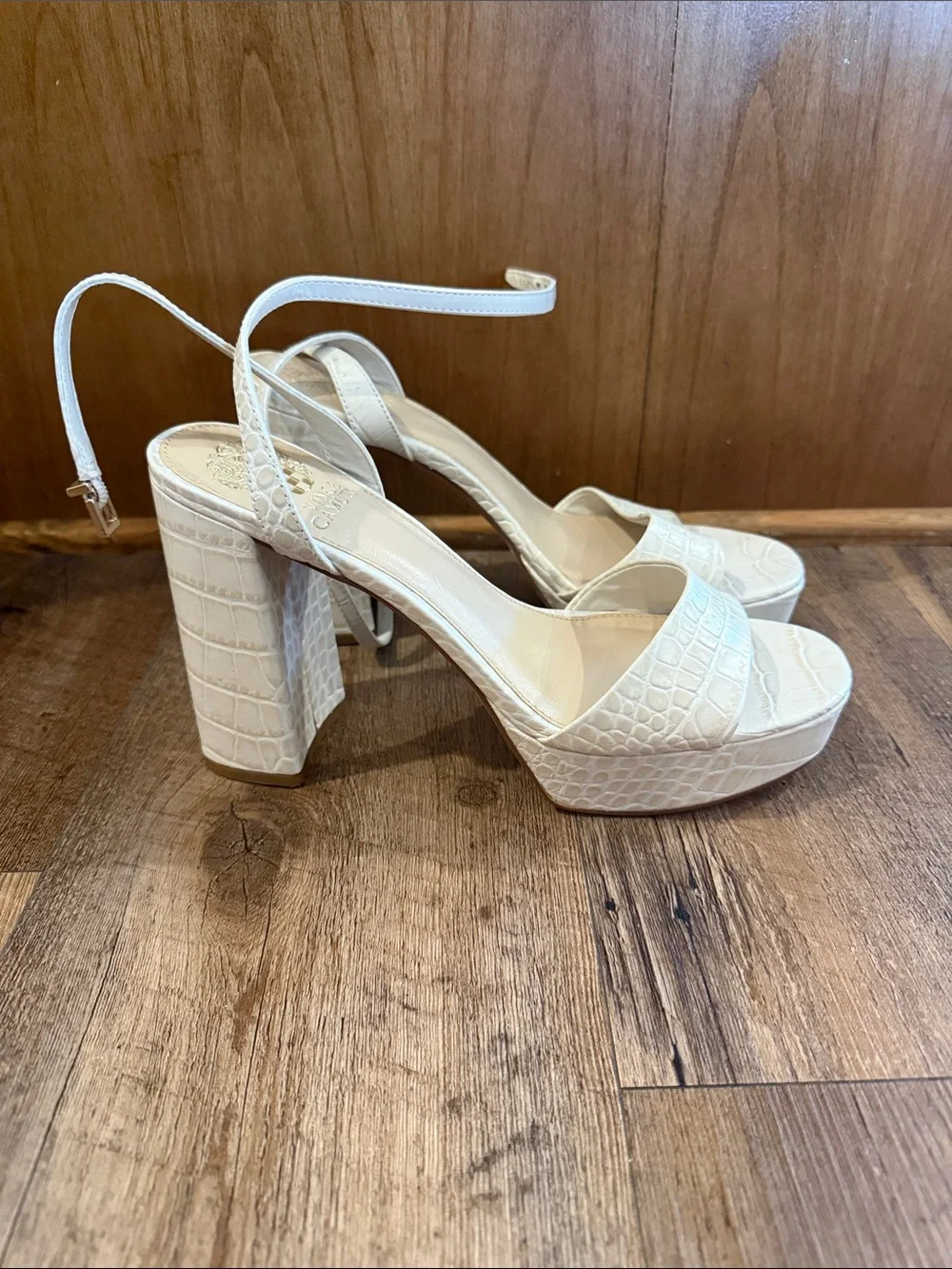 Vince Camuto Women's White Croc-Embossed Ankle-Strap Block Heel Sandals